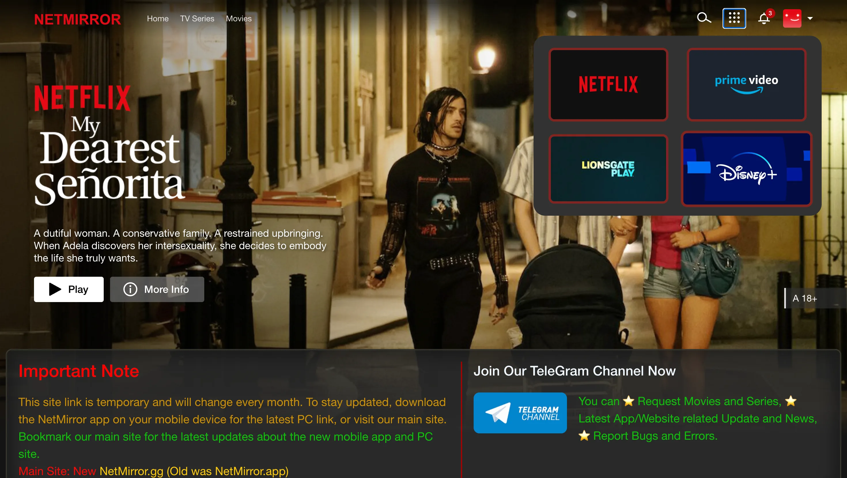 PCMirror Web OTT switcher overlay showing Netflix, Prime Video, Lionsgate Play and Disney+ mirror options