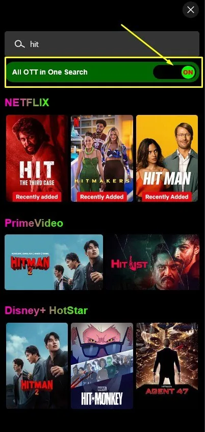 Screenshot of the NetMirror app v6.1 Search screen with the green "All OTT in One Search" toggle switched ON, showing the word "hit" producing grouped results from Netflix (HIT, HITMAKERS, HIT MAN), PrimeVideo (HITMAN 2, HIT LIST) and Disney+ Hotstar (Hitman 2, Hit-Monkey, Agent 47)