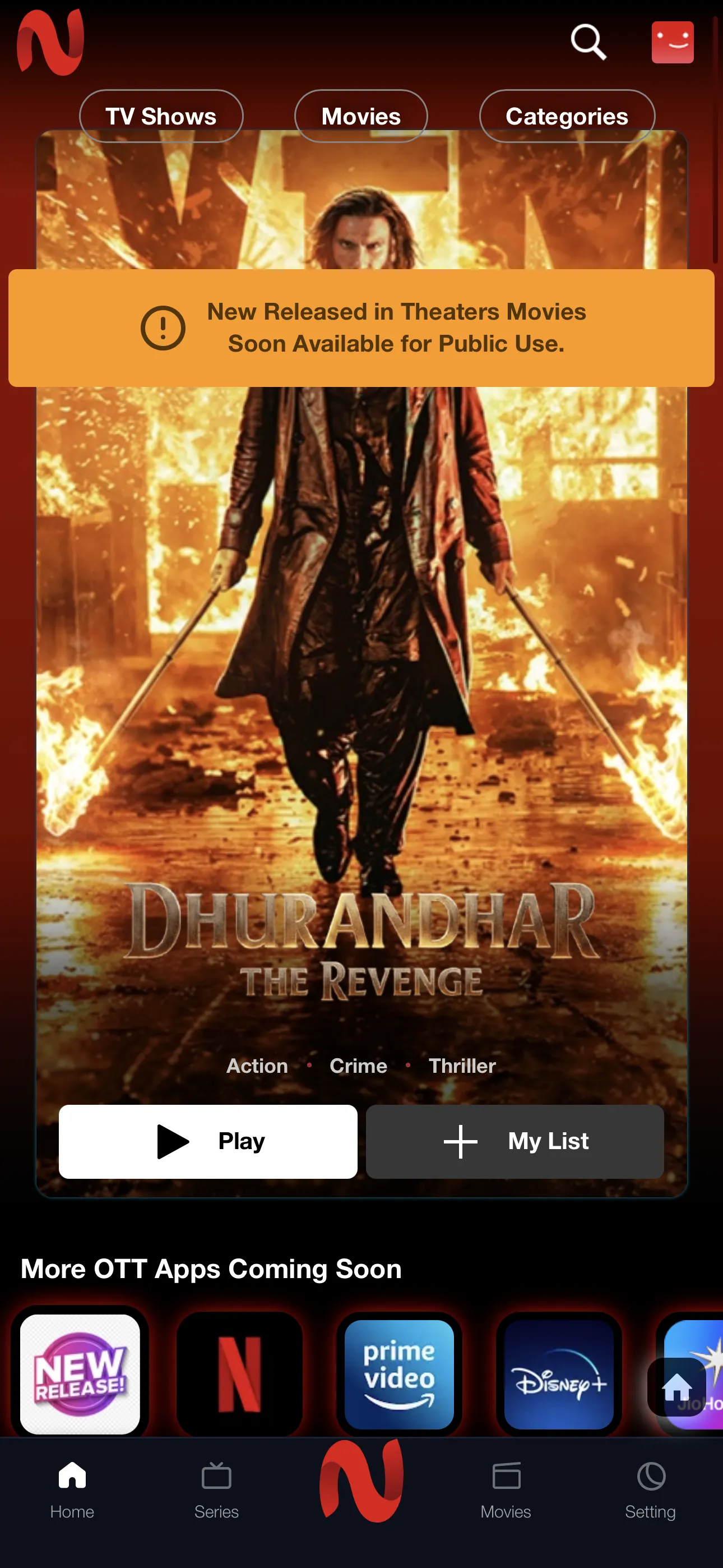 NetMirror app showing New Released in Theaters Movies banner with Dhurandhar latest release