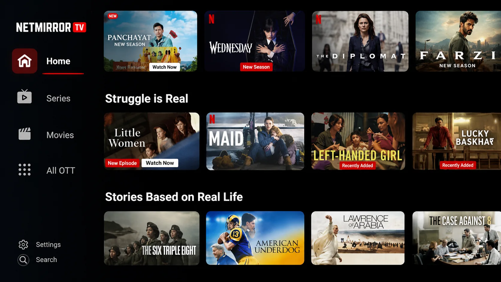 NetMirror TV app interface running on Smart TV with featured shows in sidebar layout