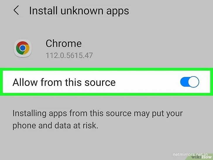Android security prompt asking permission to install apps from this source (Chrome browser)