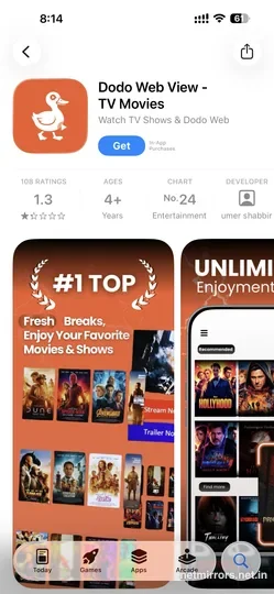 Apple App Store page showing DODO Webview - TV Movies app with GET button