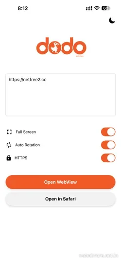 DODO Webview URL setup screen with netfree2.cc entered