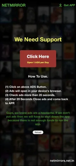 NetMirror support-us ads notice on iOS — one daily ad before free streaming