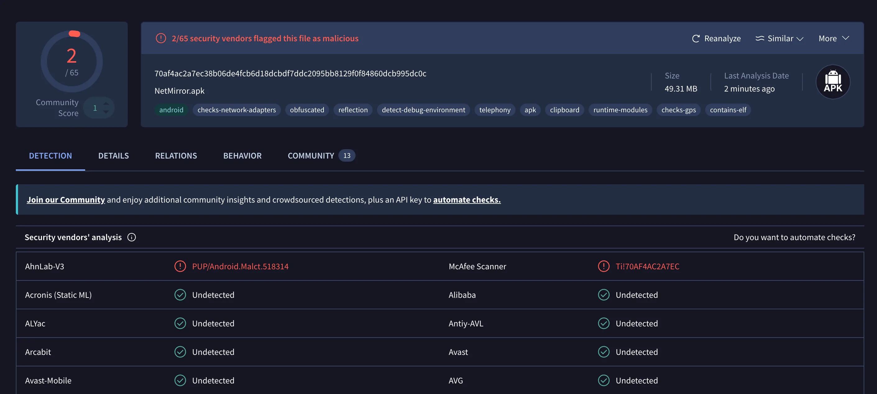 VirusTotal scan result for NetMirror.apk — 63 of 65 antivirus engines clean, 2 PUP false positives