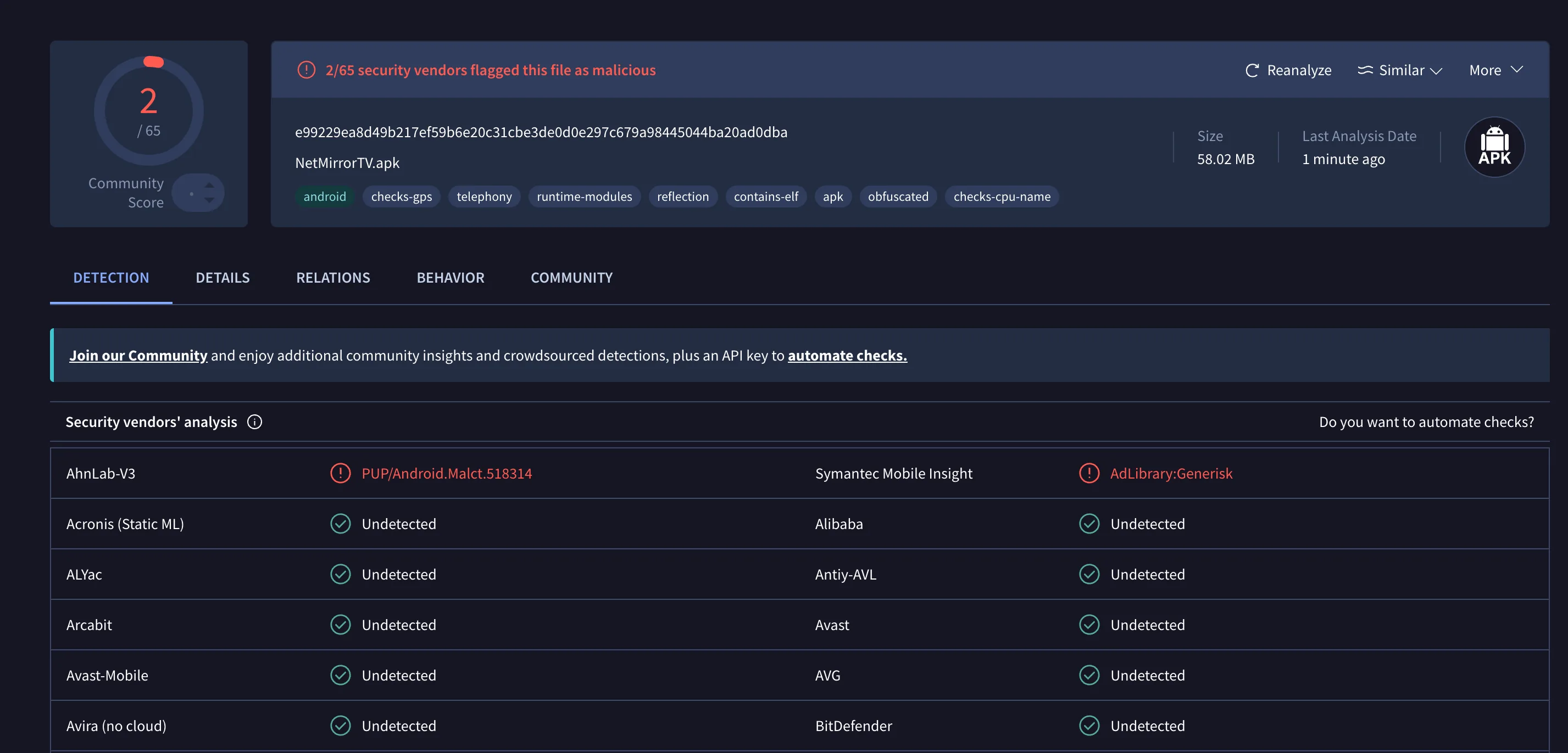 VirusTotal scan result for NetMirrorTV.apk — 63 of 65 antivirus engines clean, 2 PUP false positives